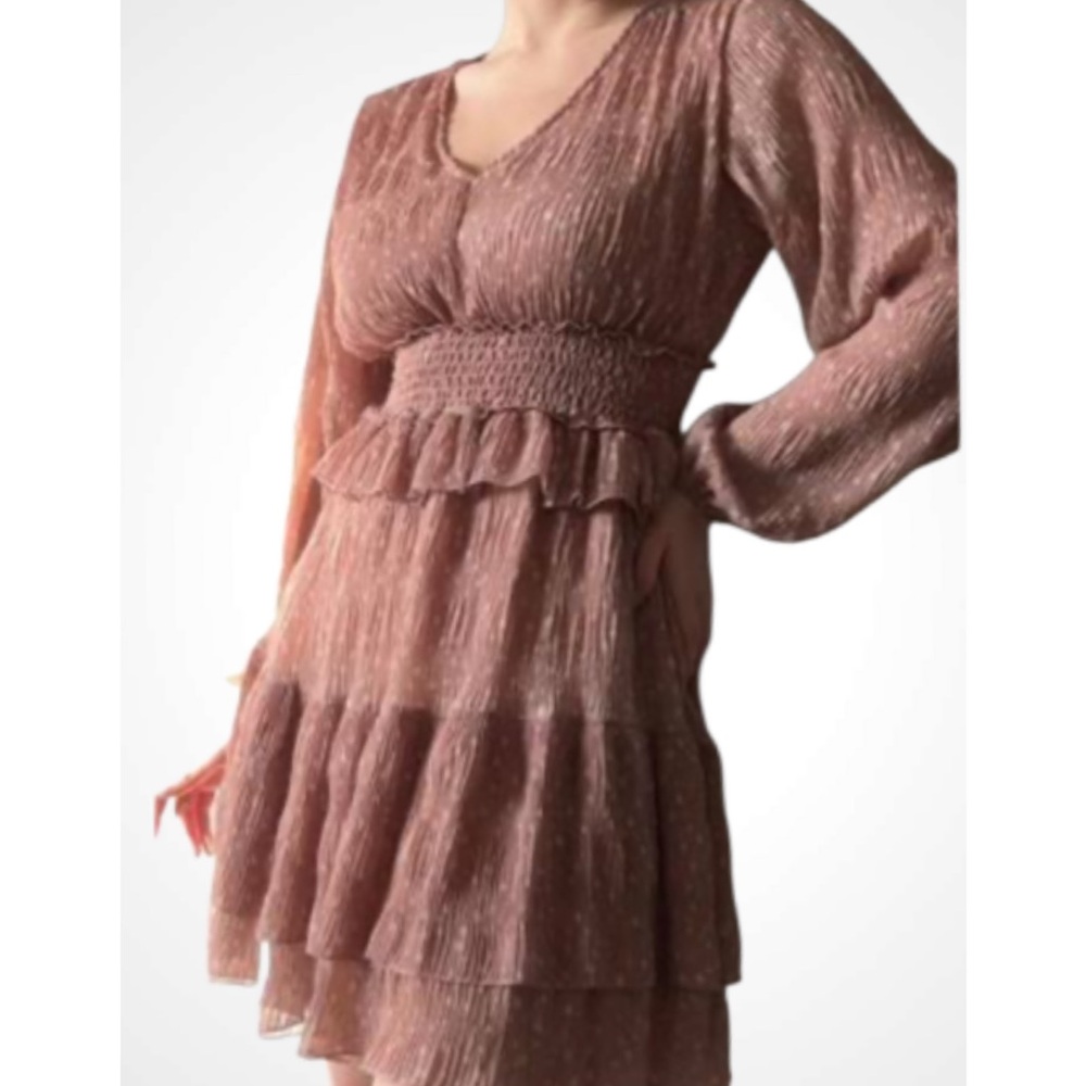 Showpo Long Sleeve Ruffle Ruched Waist V-Neck Mini Dress in Dusty Rose SZ 6 NWOT